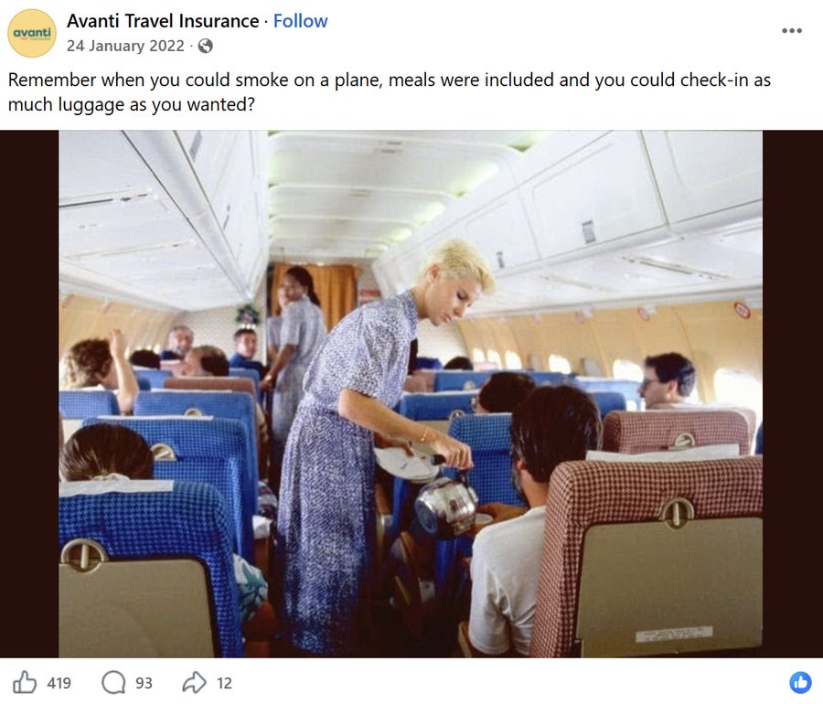 Avanti Facebook post — Remember when you could smoke on a plane and meals were included? Retro cabin photo